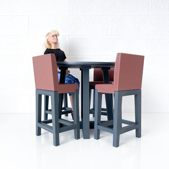 Miniature Barbie Bistro Gray Table 4 Chairs 3D Printed Dollhouse Furniture - Picture 6 of 6